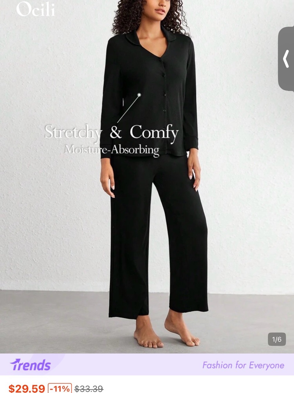 Women's Black Stretchy Button-Front Pajama Set